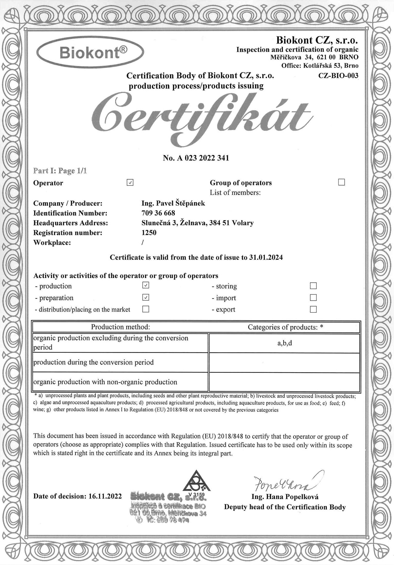 Biofarm Sonnberg Evidence certificates Biocont