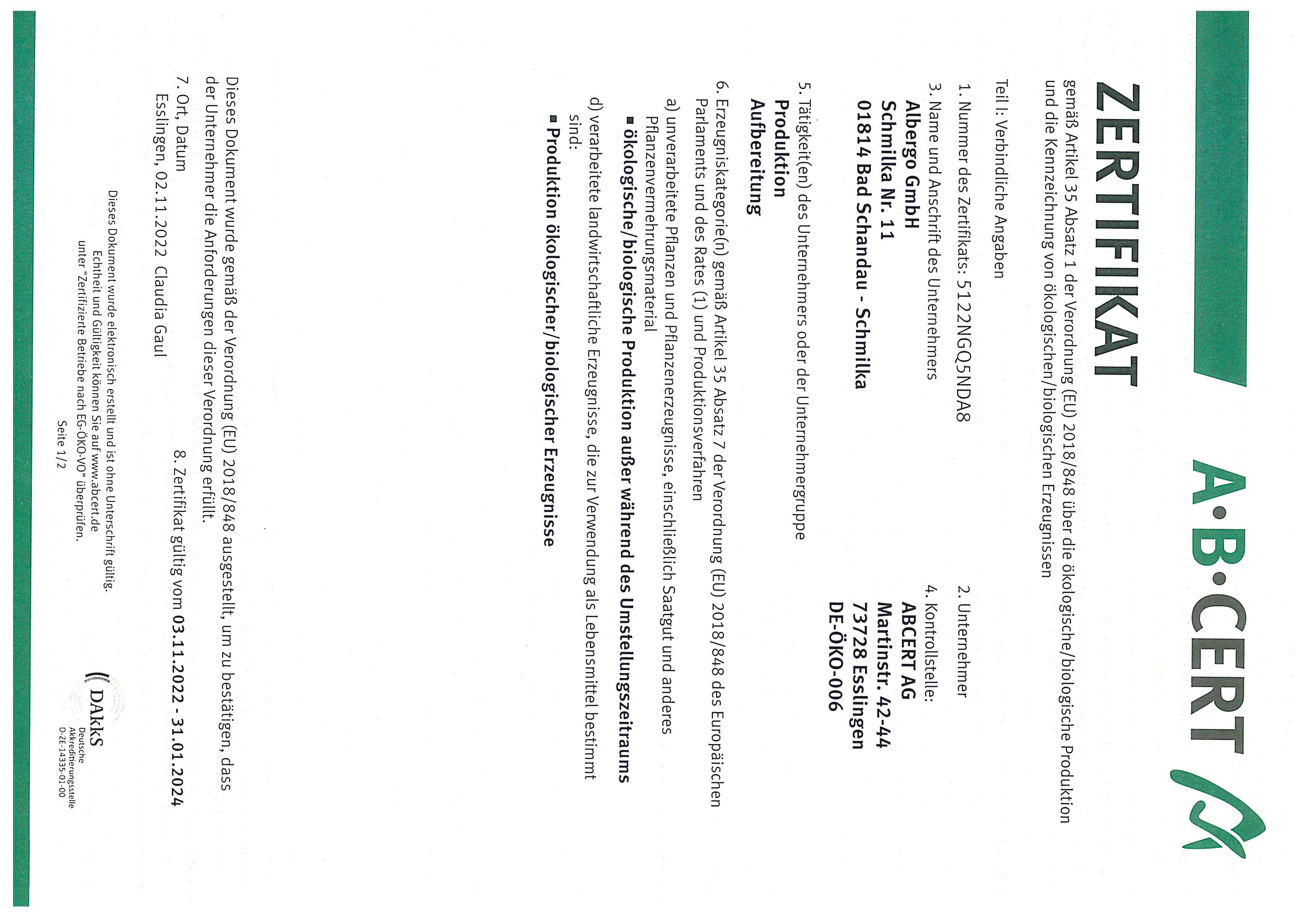 Bio-Pension Forsthaus Evidence certificates 