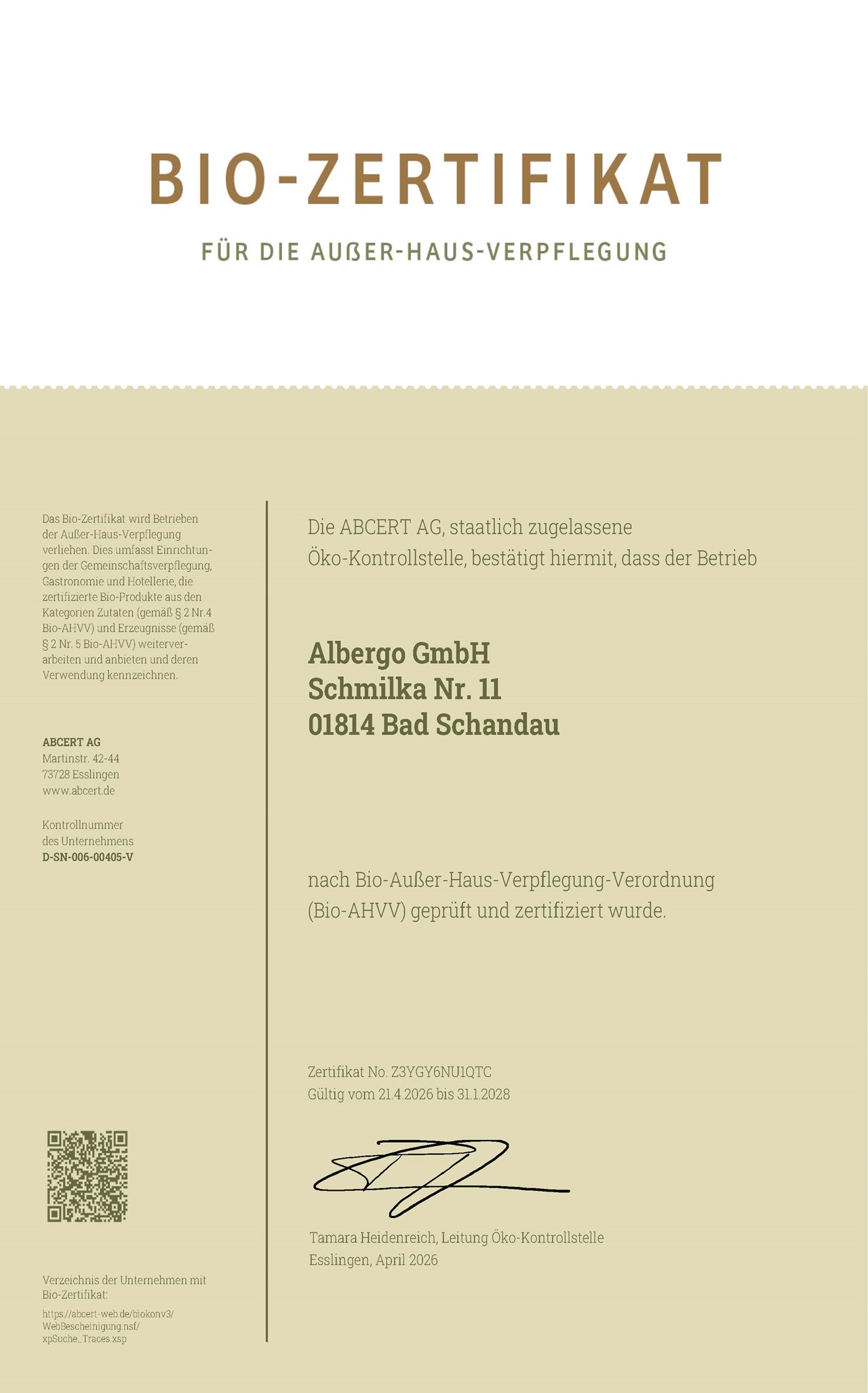 Bio-Berghaus Rauschenstein Upload certificates AHVV