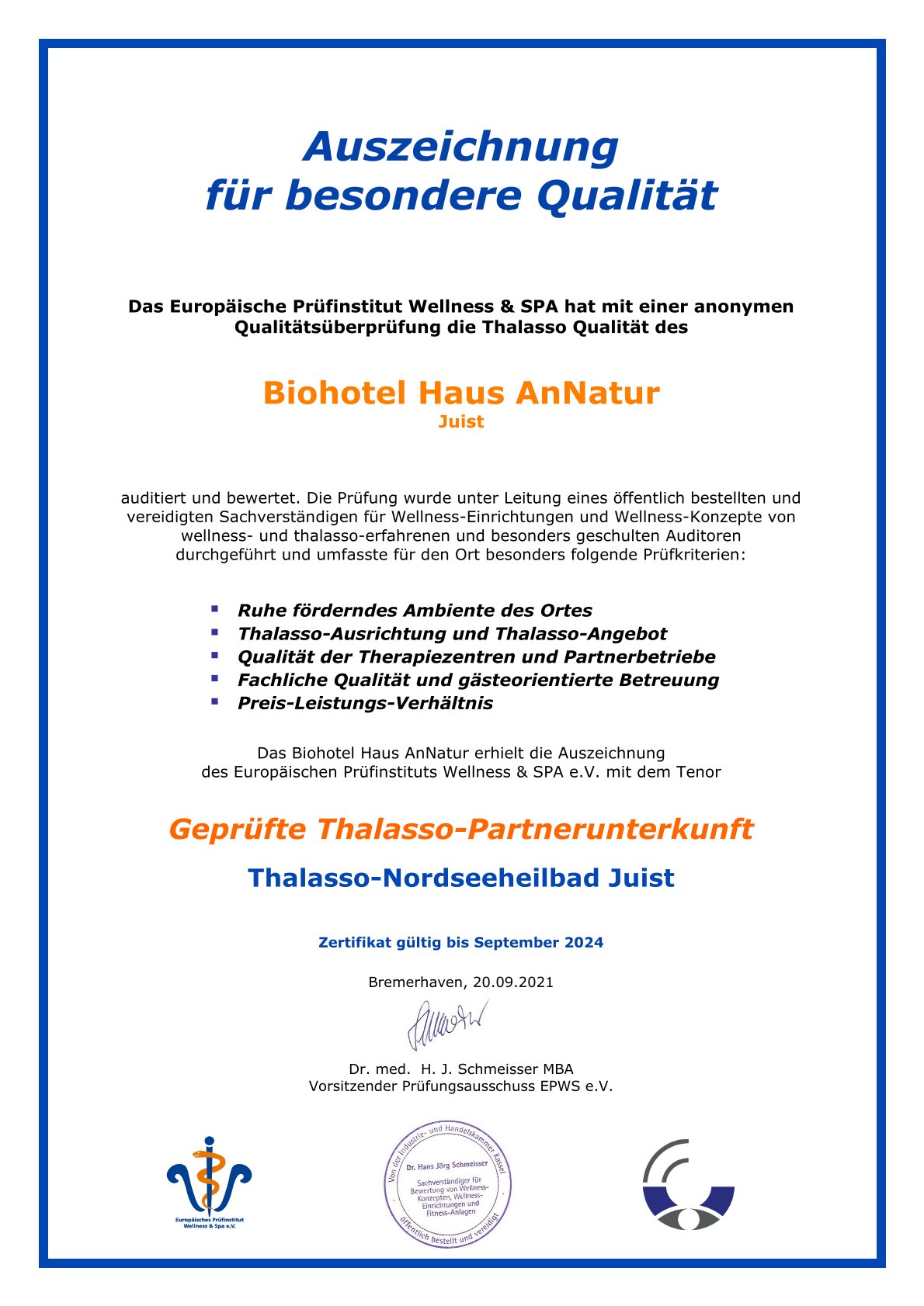 Haus AnNatur Bio Pension und Appartements Evidence certificates Thalasso certification